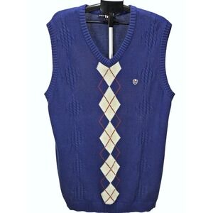 Men's Y2K Phat Farm XL Blue Argyle Cable Knit V-Neck Sweater Vest Heritage